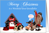 Christmas to Great Grandfather, dog, dog house, horse, parrot, cat card
