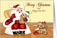 Christmas, general, Santa Claus holding a bear, dog with stocking card