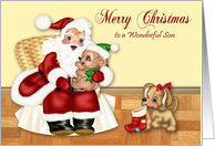 Christmas to Son, Santa Claus holding a bear, dog with stocking card