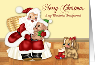 Christmas to Grandparents, Santa Claus holding a bear, dog, stocking card
