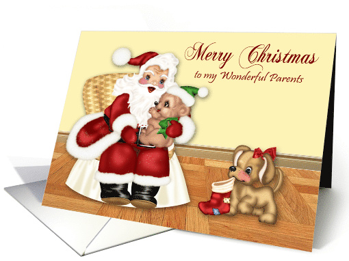 Christmas to Parents, Santa Claus holding a bear, dog... (1087682)