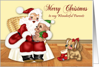 Christmas to Parents, Santa Claus holding a bear, dog with stocking card