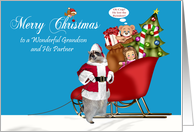 Christmas to Grandson and Partner, Raccoon Santa Claus with sleigh card