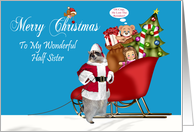 Christmas To Half Sister, Raccoon Santa Claus with a sleigh, blue card