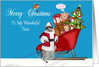 Christmas To Twin, Raccoon Santa Claus with a full sleigh on blue card