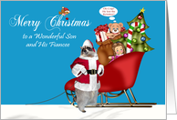 Christmas to Son and Fiancee, Raccoon Santa Claus with a full sleigh card