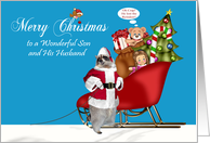 Christmas to Son and Husband, Raccoon Santa Claus with a full sleigh card