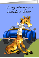 Get Well to boss, car aaccident, giraffe with neck bandaged, blue car card