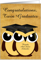 Congratulations, Twin Graduates, custom, Owls with black caps, vintage card