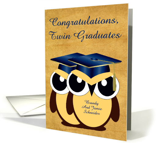 Congratulations Twin Graduates Custom Name with Owls Wearing Blue card