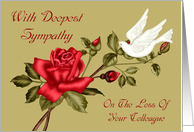 Sympathy For Loss Of Colleague, white dove with a red rose, green card