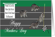 Mother’s Day, running theme, humor, four raccoons getting ready to run card