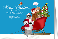 Christmas To Step Father, Raccoon Santa Claus with a full sleigh, blue card