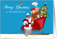 Christmas to Step Sister, Raccoon Santa Claus with a full sleigh, blue card