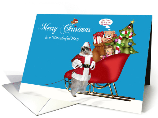 Christmas to Boss, Raccoon Santa Claus with a full sleigh on blue card