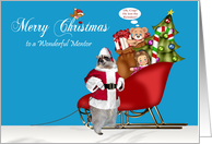 Christmas to Mentor, Raccoon Santa Claus with a full sleigh on blue card