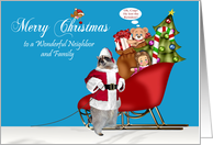 Christmas to Neighbor and Family Raccoon Santa Claus and a Sleigh card