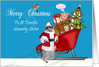 Christmas To Sorority Sister, Raccoon Santa Claus with sleigh, blue card