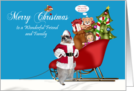 Christmas to Friend and Family, Raccoon Santa Claus with sleigh, blue card