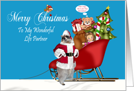 Christmas To Life Partner, Raccoon Santa Claus with full sleigh, blue card
