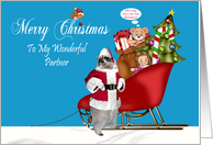 Christmas To Partner, Raccoon Santa Claus with a full sleigh on blue card