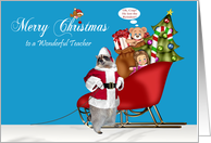 Christmas to Teacher, Raccoon Santa Claus with a full sleigh on blue card