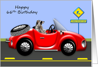 66th Birthday with a Raccoon Driving a Red Classic Convertible card