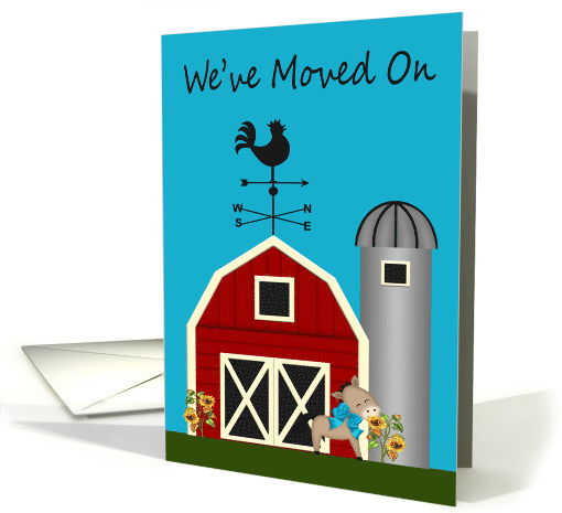 Announcements, we've moved, Sunflowers against a red barn, horse card