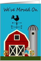 Announcements, we’ve moved, Sunflowers against a red barn, horse card