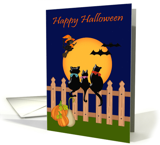 Halloween with Three Black Cats gazing at a Harvest Moon and Bats card