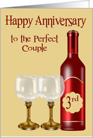 3rd Wedding Anniversary to Couple with Wine Bottle and Glasses card