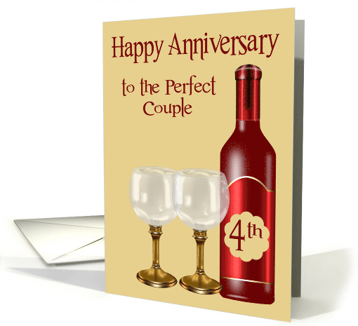 4th Wedding Anniversary to couple with a Wine Bottle and Glasses card
