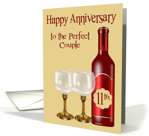 11th Wedding Anniversary to couple with a Wine Bottle and Glasses card