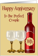 38th Wedding Anniversary to couple, Burgundy wine bottle with glasses card