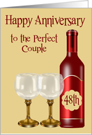 48th Wedding Anniversary to couple, Burgundy wine bottle with glasses card