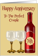 76th Wedding Anniversary for couple, burgundy wine bottle with glasses card