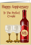 80th Wedding Anniversary for couple, burgundy wine bottle with glasses card