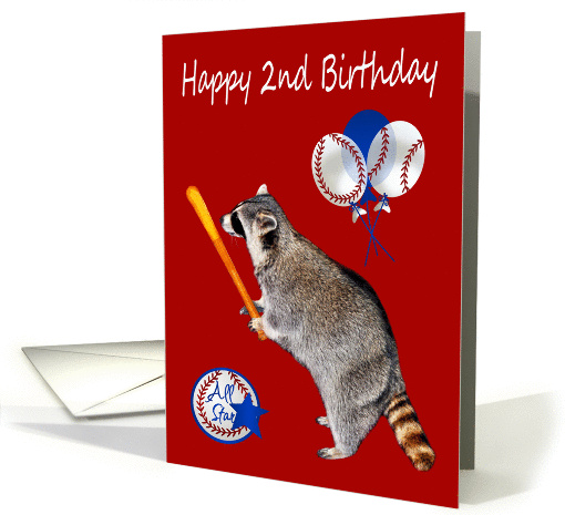2nd Birthday, raccoon holding a baseball bat on red with balloons card