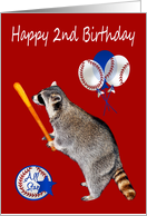 2nd Birthday, raccoon holding a baseball bat on red with balloons card