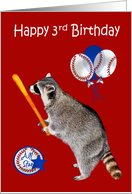 3rd Birthday with a Raccoon Holding a Baseball Bat and Balloons card