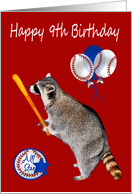 9th Birthday, raccoon holding a baseball bat on red with balloons card