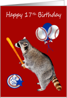 17th Birthday, raccoon holding a baseball bat on red with balloons card