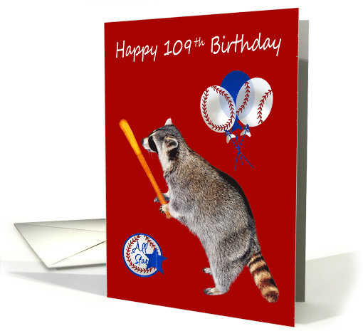 109th Birthday, raccoon holding a baseball bat on red... (1107244)
