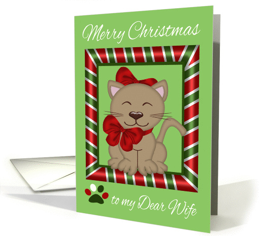 Christmas to Wife, cat lover, a cat wearing red bows in a frame card