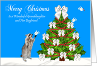 Christmas to Granddaughter and Boyfriend, Raccoon with a dove, tree card
