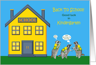 Back to School, Kindergarten, Raccoons wearing book bags on blue card