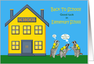 Back to School, Elementary School, Raccoons wearing book bags on blue card