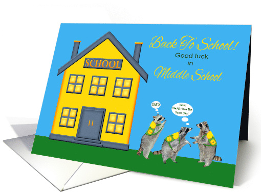 Back to School in Middle School with Raccoons Wearing Book Bags card