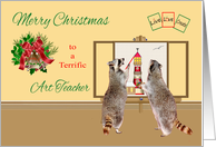 Christmas to Art Teacher with Raccoons Painting a Lighthouse card