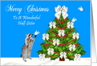 Christmas To Half Sister, Raccoon with a dove and a decorated tree card